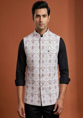 White Embroidered Silk Blend Waistcoat For Men