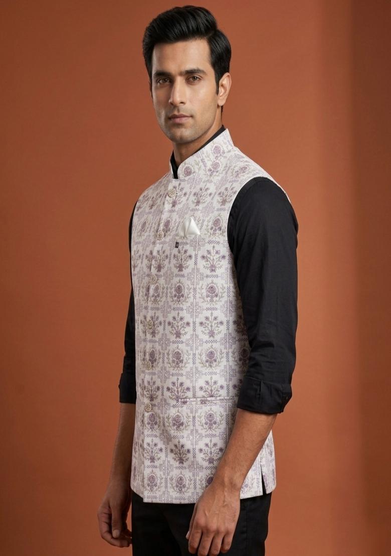 White Embroidered Silk Blend Waistcoat For Men - Indya