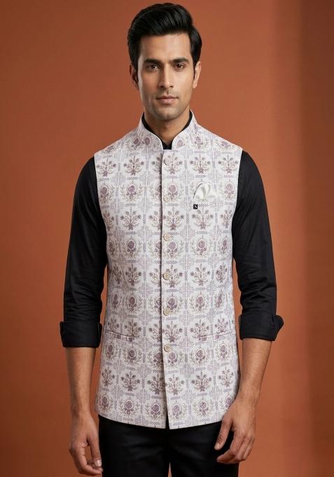 White Embroidered Silk Waistcoat For Men