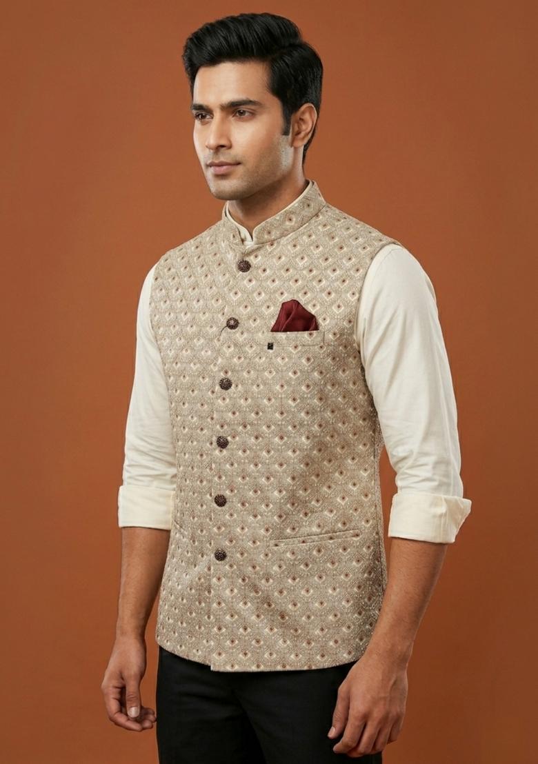 Grey Embroidered Silk Blend Waistcoat For Men - Indya