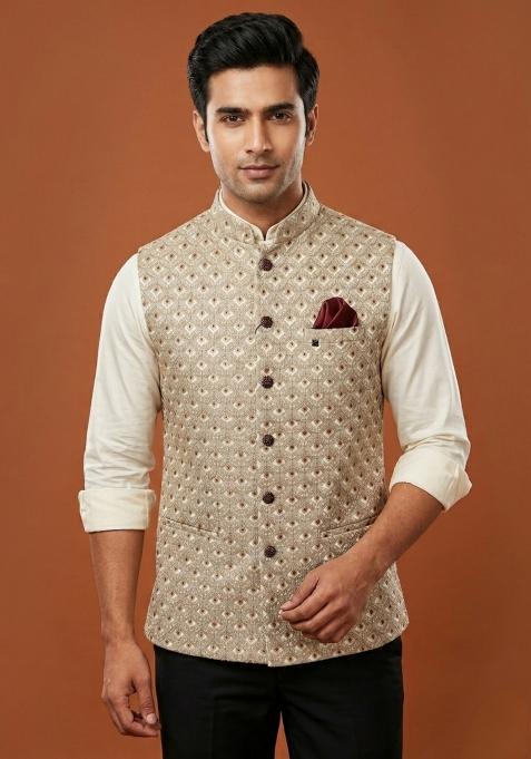 Grey Embroidered Silk Waistcoat For Men