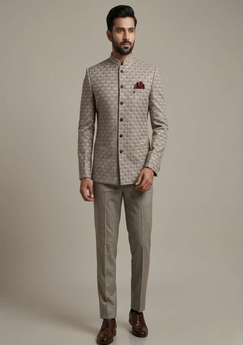 Grey Embroidered Silk Blend Bandhgala For Men - Indya