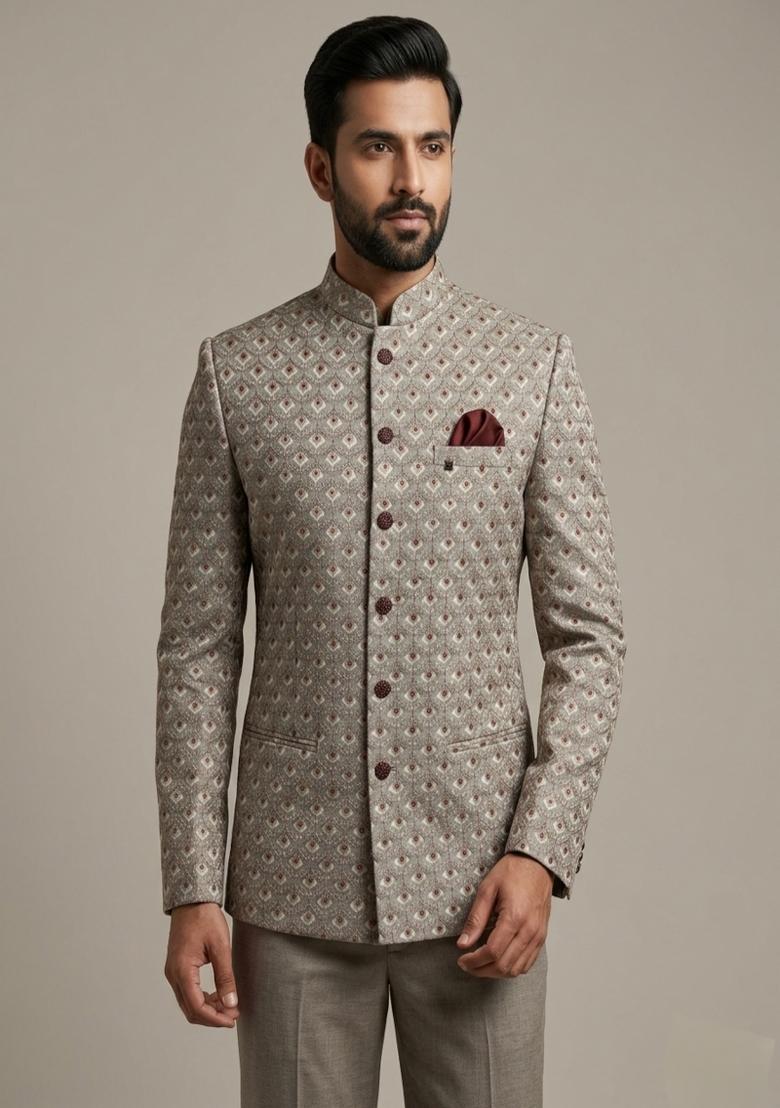 Grey Embroidered Silk Blend Bandhgala For Men - Indya