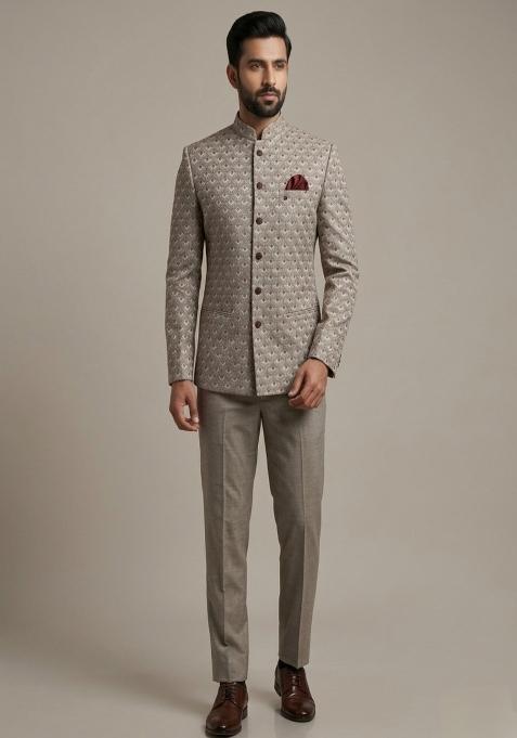 Grey Embroidered Silk Bandhgala For Men