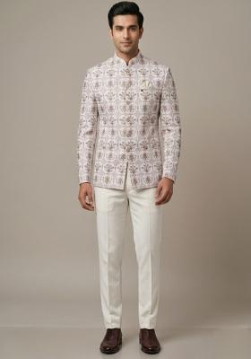 White Embroidered Silk Blend Bandhgala For Men