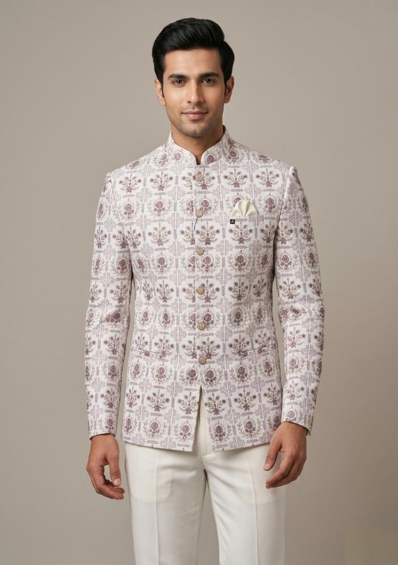 White Embroidered Silk Blend Bandhgala For Men - Indya