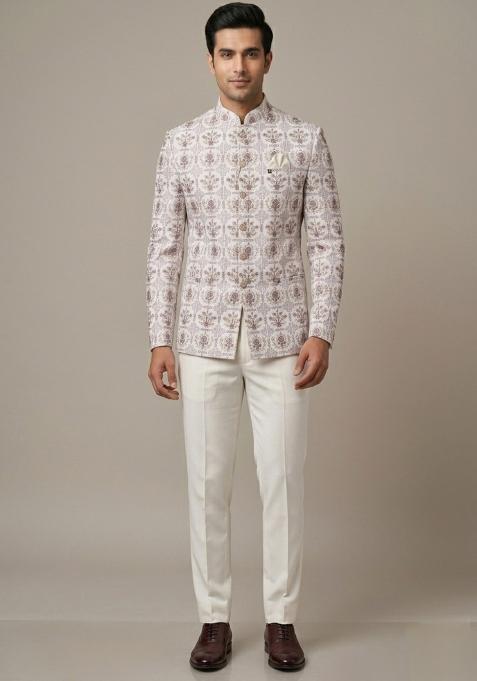 White Embroidered Silk Bandhgala For Men