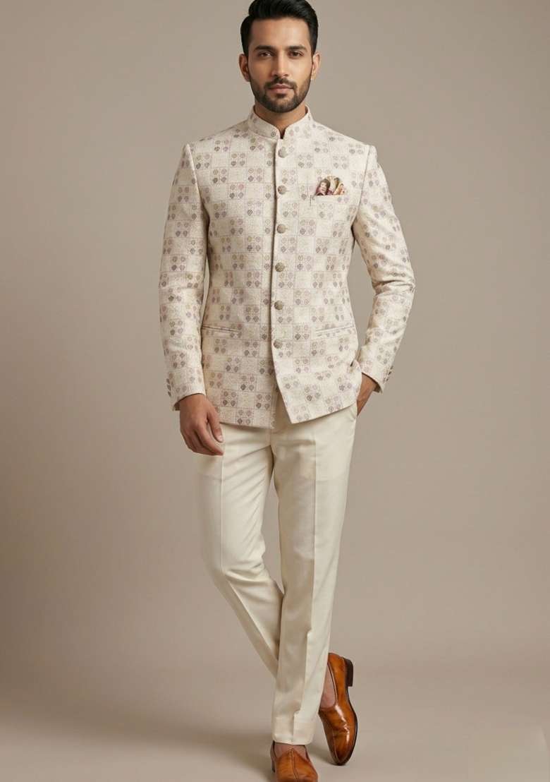 Ivory Embroidered Silk Blend Bandhgala For Men - Indya