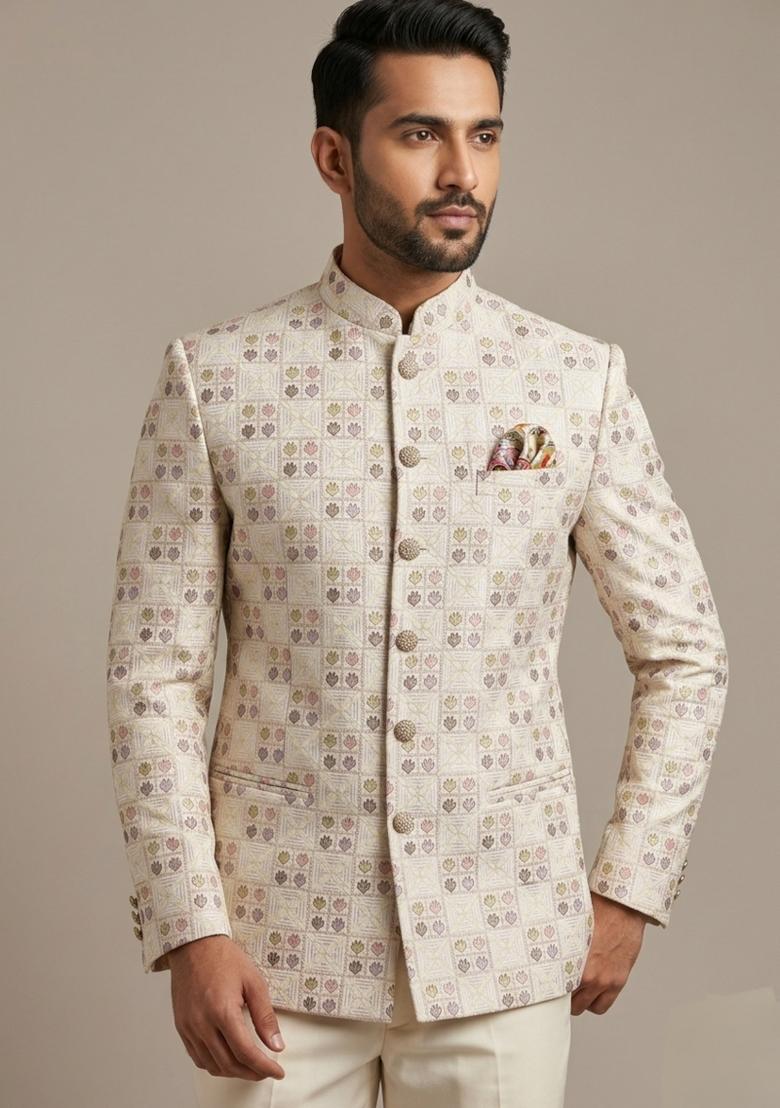 Ivory Embroidered Silk Blend Bandhgala For Men - Indya