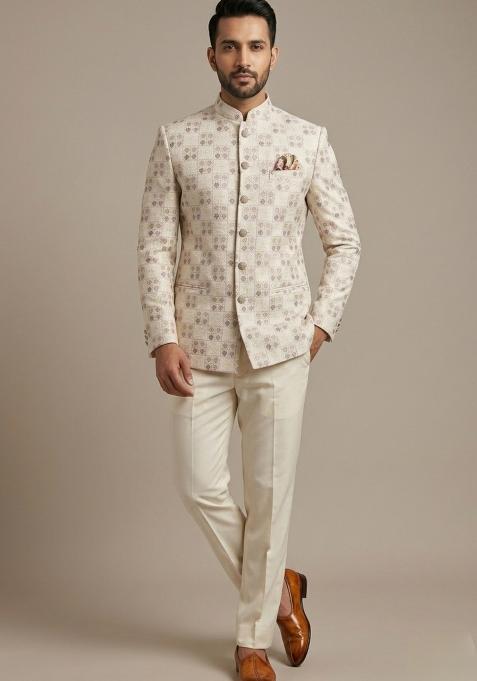 Ivory Embroidered Silk Bandhgala For Men
