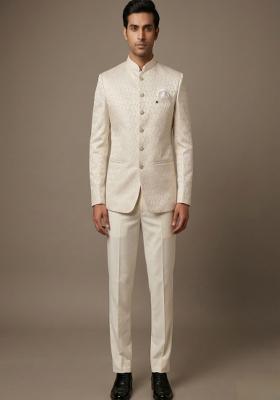 Cream Embroidered Silk Blend Bandhgala For Men