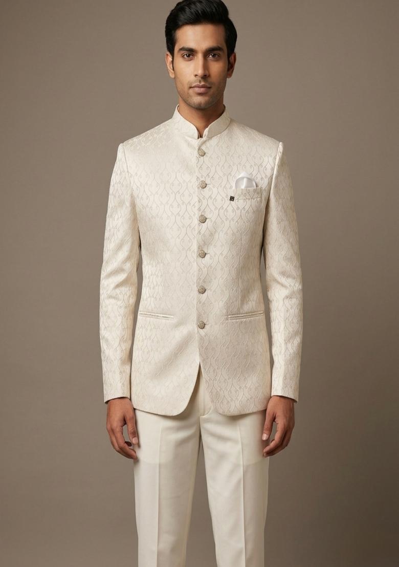 Cream Embroidered Silk Blend Bandhgala For Men - Indya