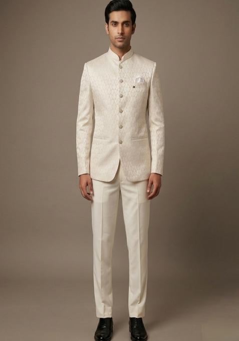Cream Embroidered Silk Bandhgala For Men