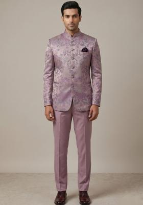 Lavender Embroidered Silk Blend Bandhgala For Men