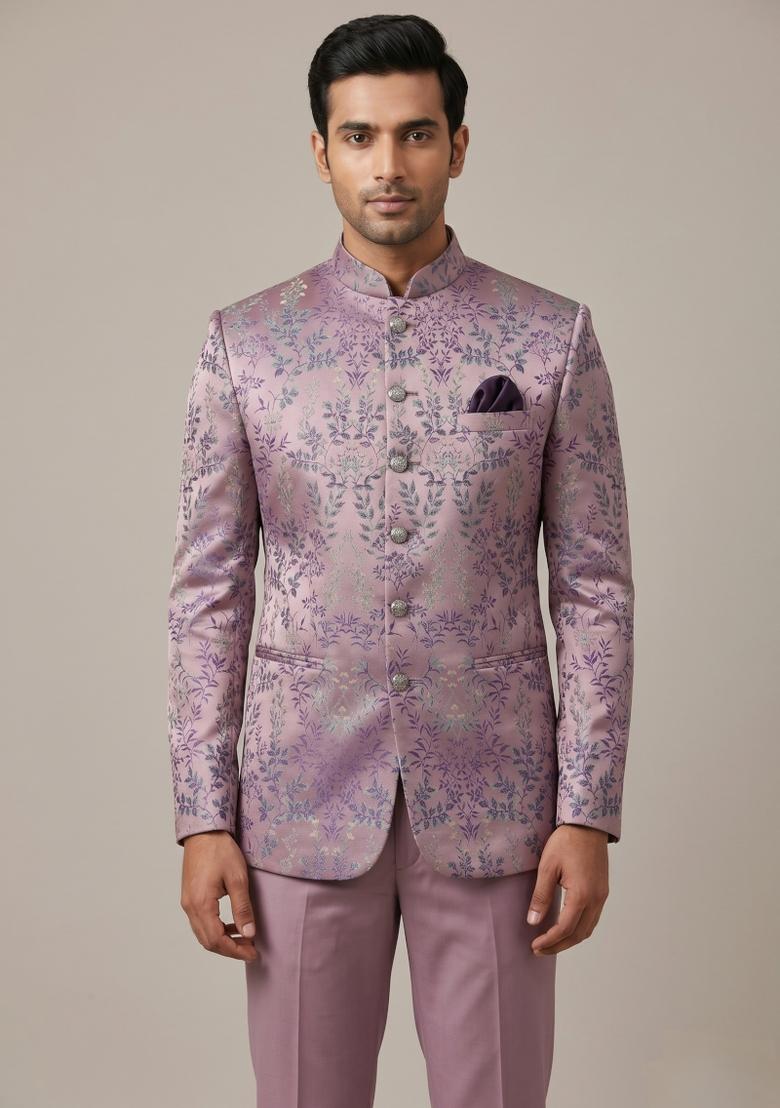 Lavender Embroidered Silk Blend Bandhgala For Men - Indya