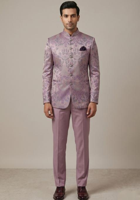 Lavender Embroidered Silk Bandhgala For Men