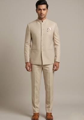 Light Gold Embroidered Silk Blend Bandhgala For Men