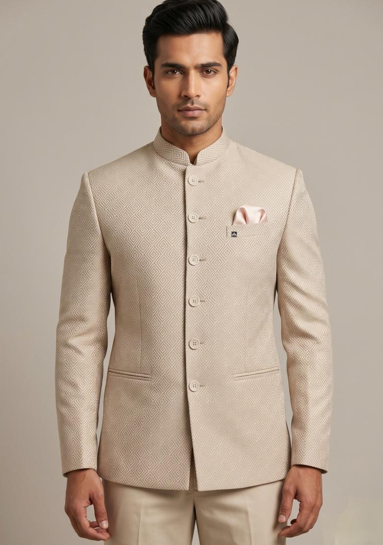 Light Gold Embroidered Silk Blend Bandhgala For Men - Indya