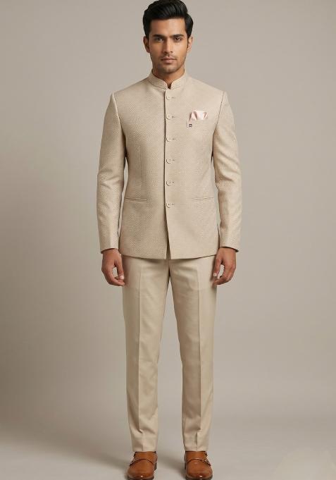 Light Gold Embroidered Silk Bandhgala For Men