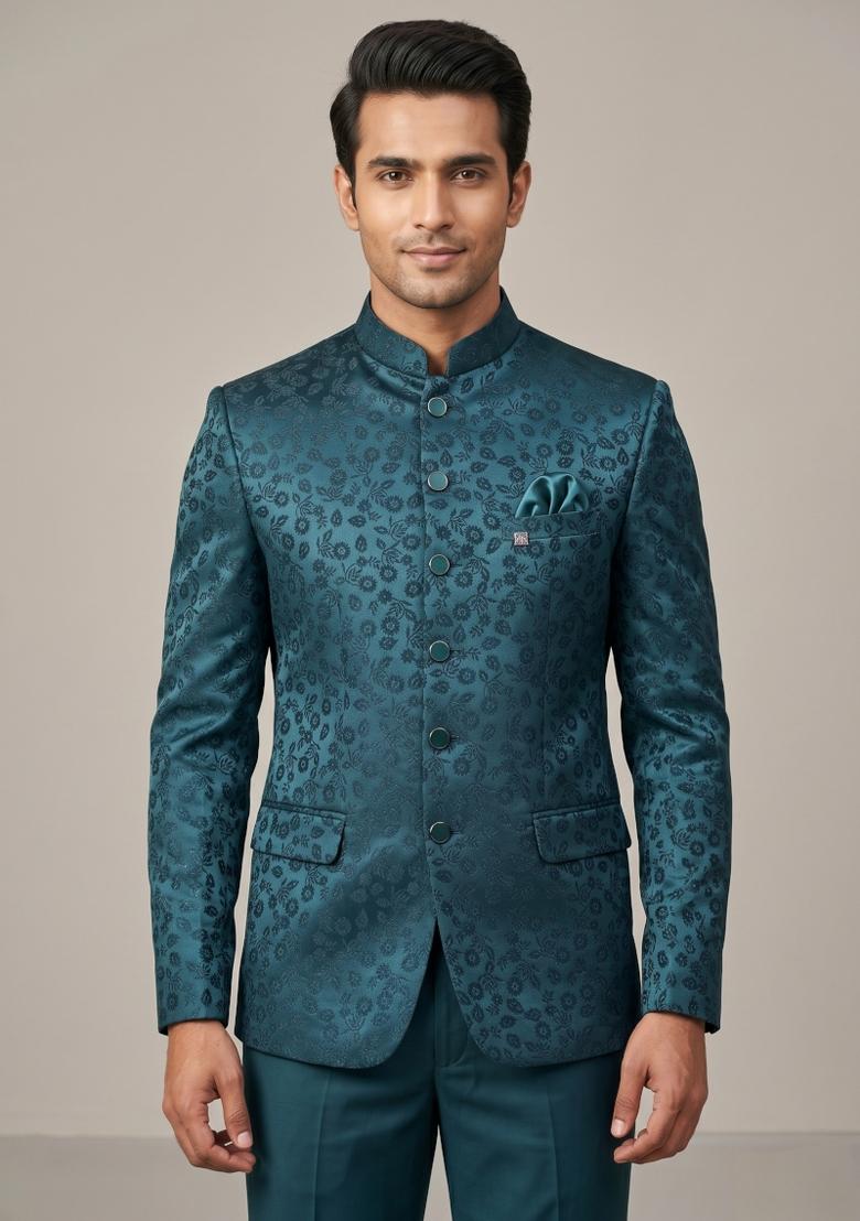 Teal Blue Embroidered Silk Blend Bandhgala For Men - Indya