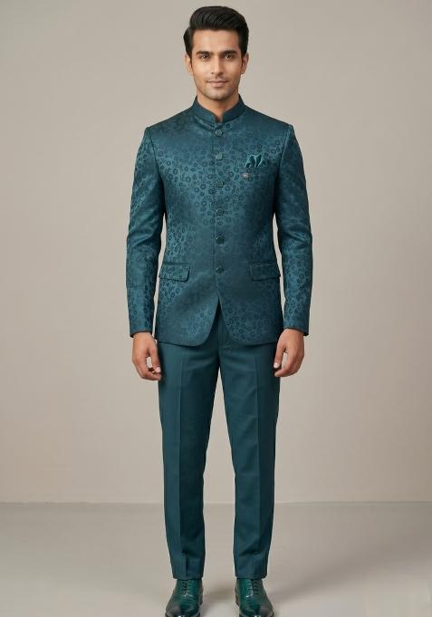Teal Blue Embroidered Silk Bandhgala For Men