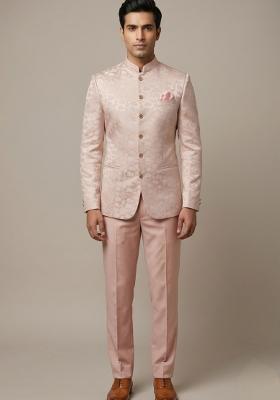 Peach Embroidered Silk Blend Bandhgala For Men