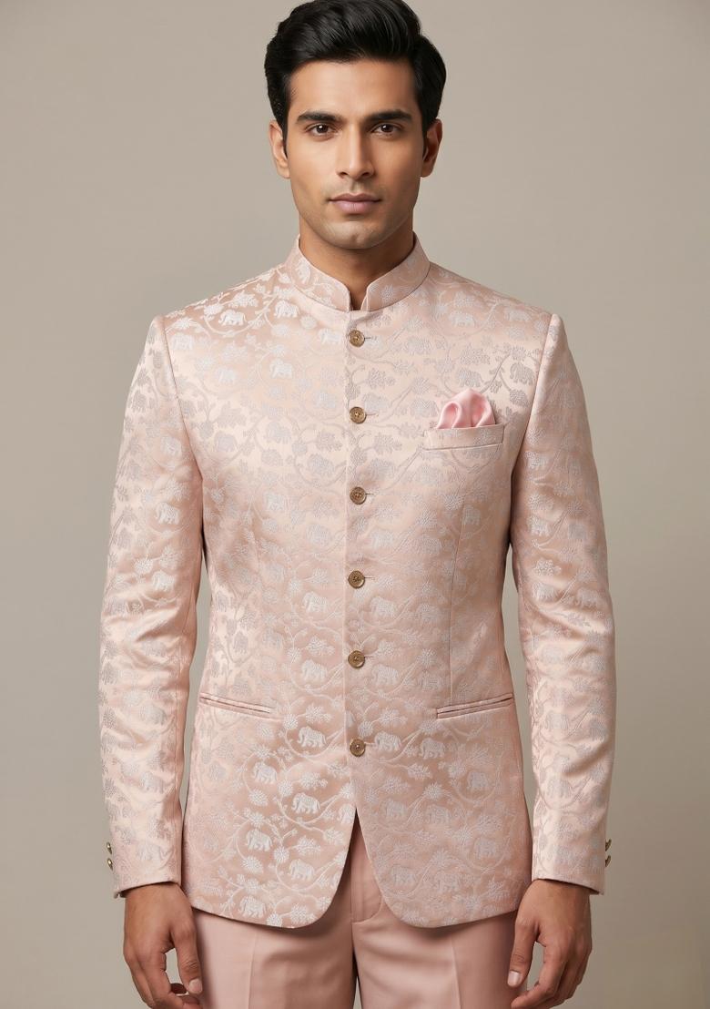 Peach Embroidered Silk Blend Bandhgala For Men - Indya