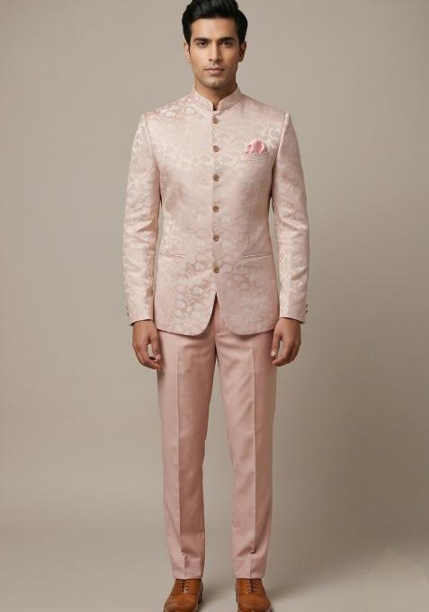 Peach Embroidered Silk Bandhgala For Men