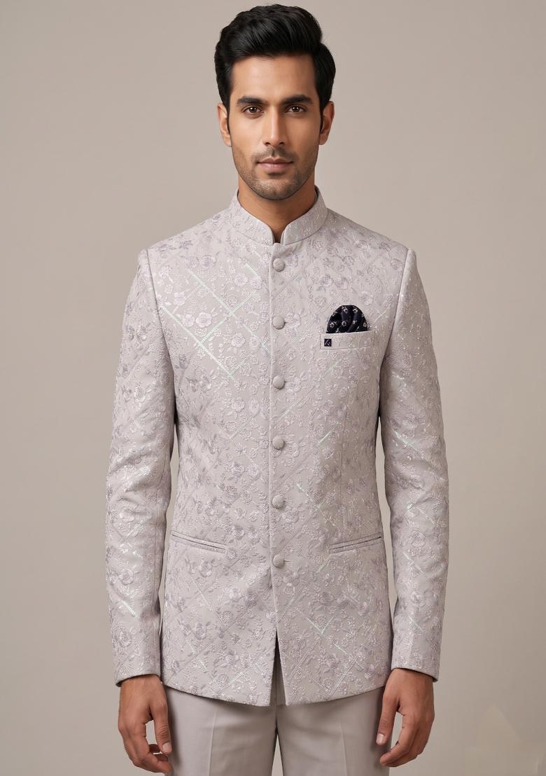 Ivory Embroidered Silk Blend Bandhgala For Men - Indya