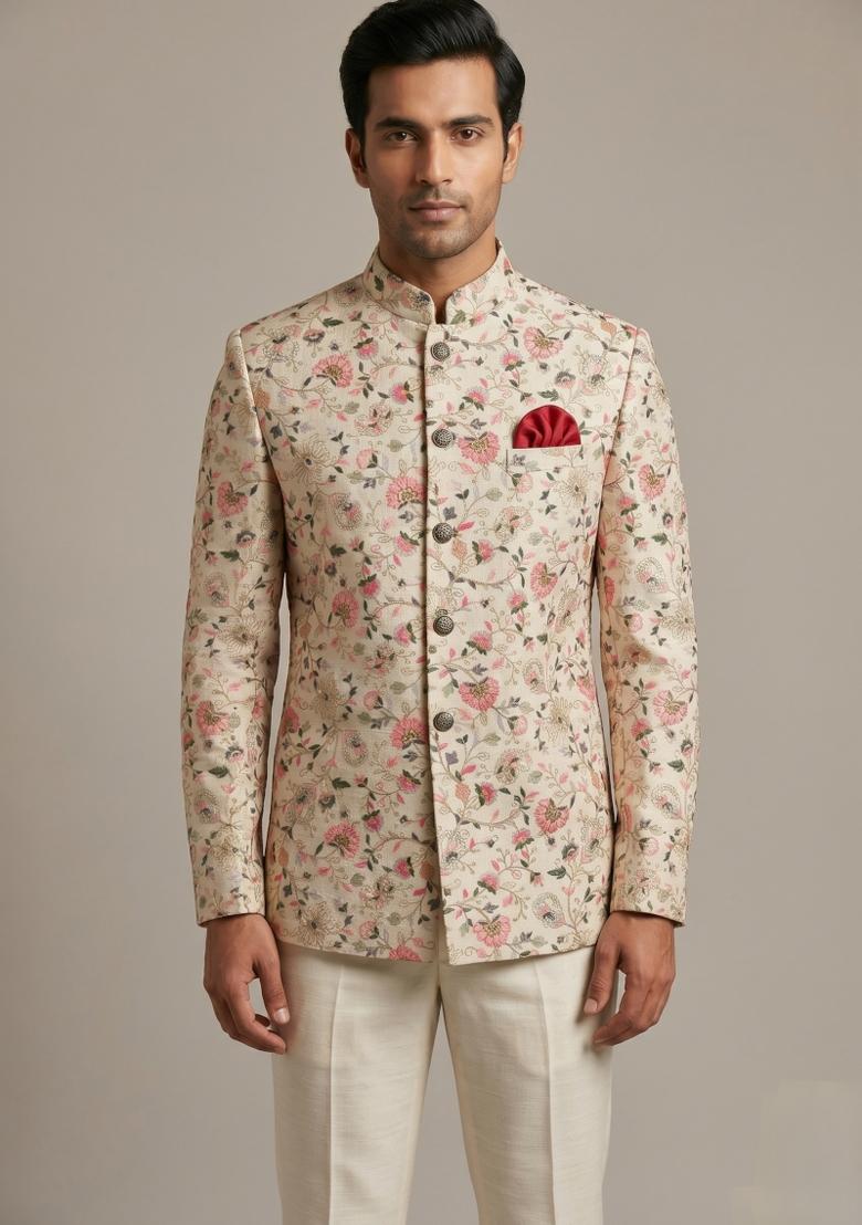 Cream Embroidered Silk Blend Bandhgala For Men - Indya