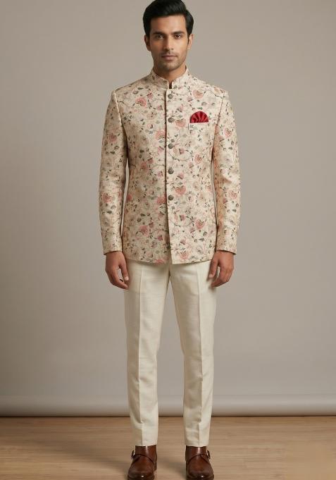 Cream Embroidered Silk Bandhgala For Men