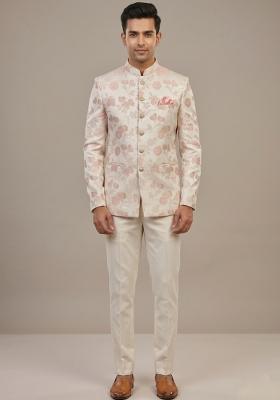 Cream Embroidered Silk Blend Bandhgala For Men