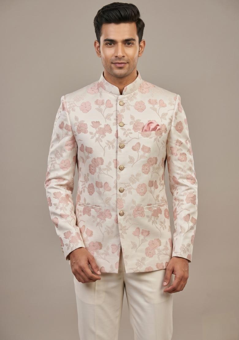 Cream Embroidered Silk Blend Bandhgala For Men - Indya