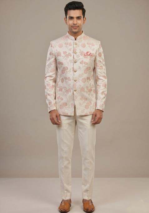 Cream Embroidered Silk Bandhgala For Men