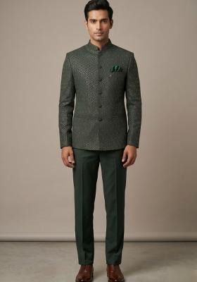 Bottle Green Embroidered Silk Blend Bandhgala For Men