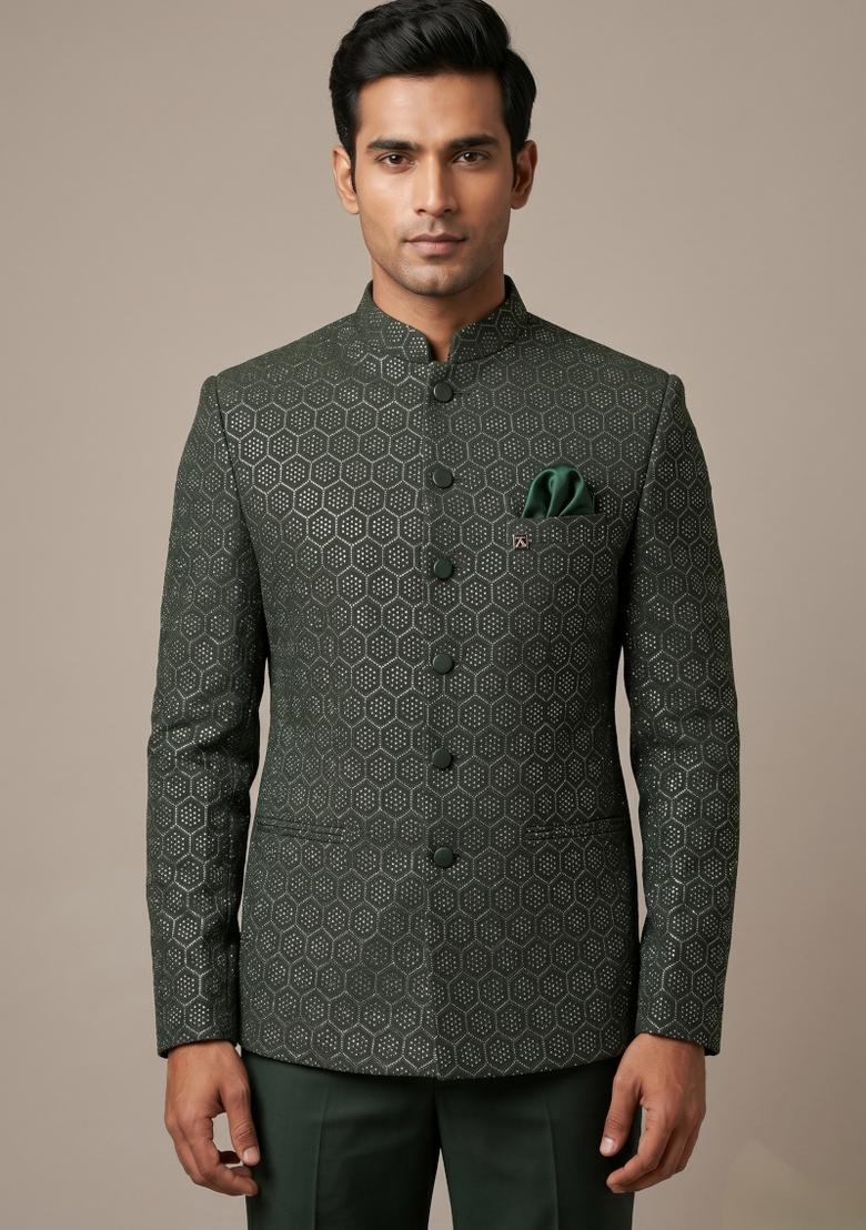 Bottle Green Embroidered Silk Blend Bandhgala For Men - Indya