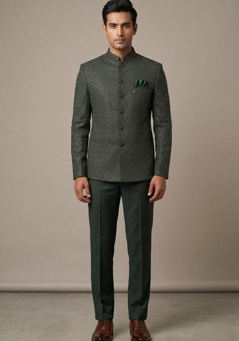 Bottle Green Embroidered Silk Bandhgala For Men