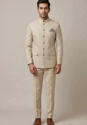 Cream Embroidered Silk Blend Bandhgala For Men