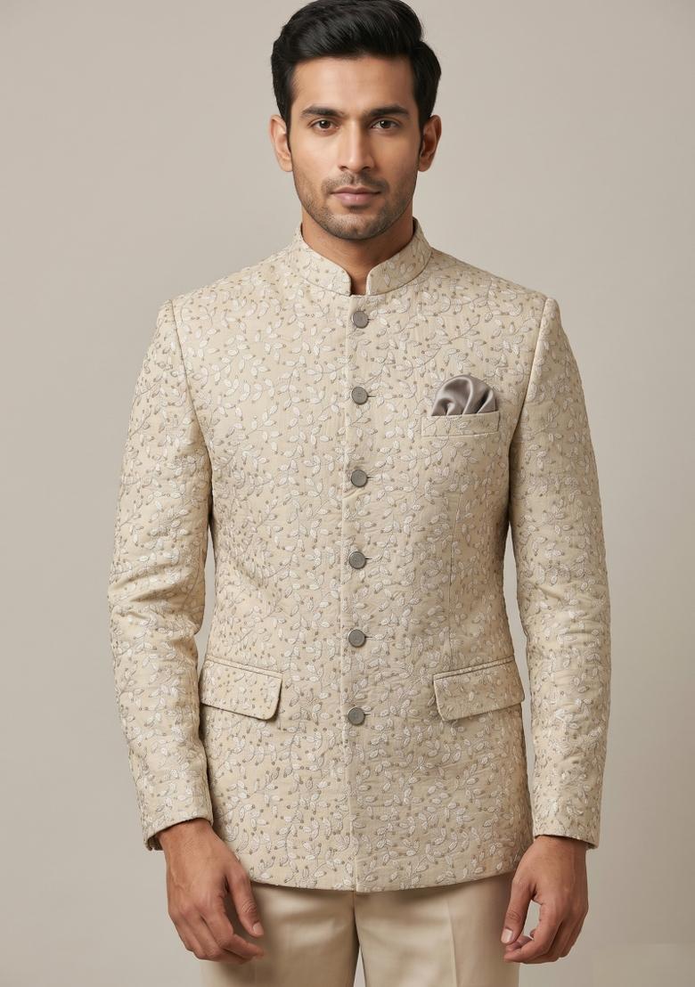 Cream Embroidered Silk Blend Bandhgala For Men - Indya