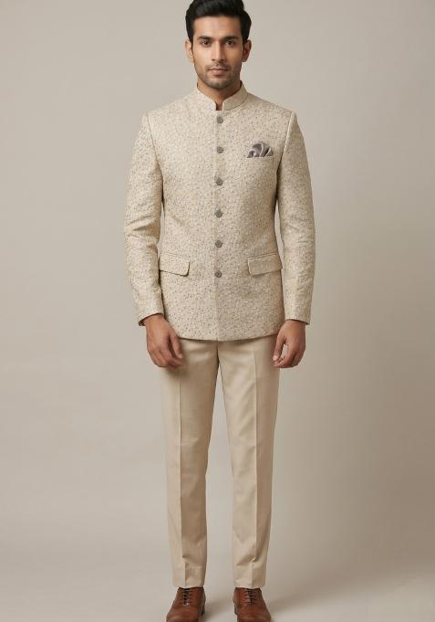 Cream Embroidered Silk Bandhgala For Men