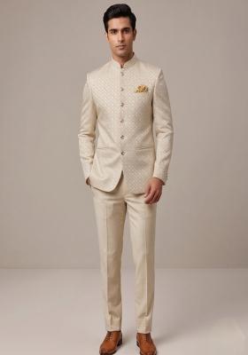 Light Gold Embroidered Silk Blend Bandhgala For Men
