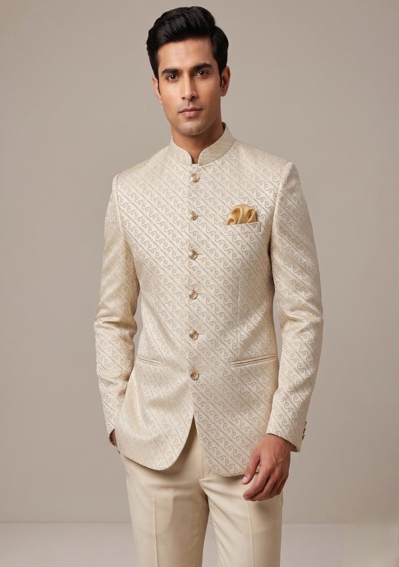 Light Gold Embroidered Silk Blend Bandhgala For Men - Indya