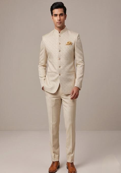 Light Gold Embroidered Silk Bandhgala For Men