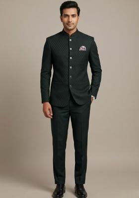 Bottle Green Embroidered Silk Blend Bandhgala For Men