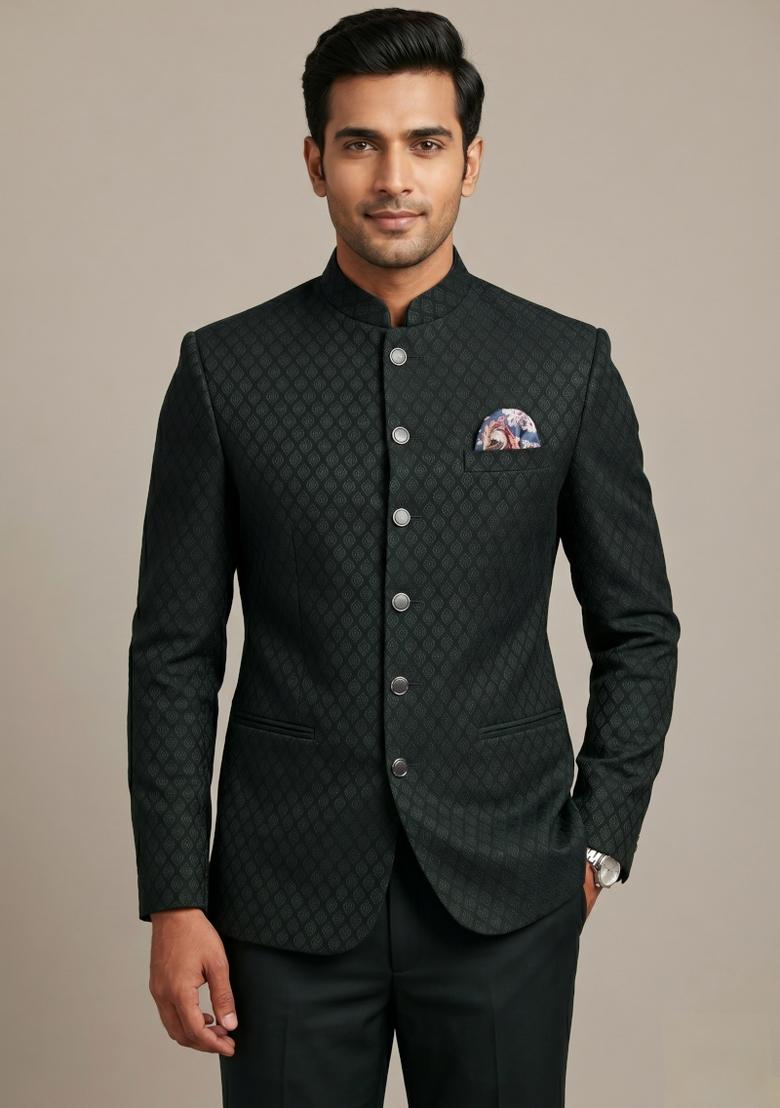 Bottle Green Embroidered Silk Blend Bandhgala For Men - Indya