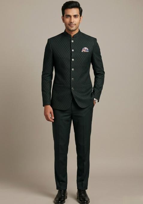 Bottle Green Embroidered Silk Bandhgala For Men