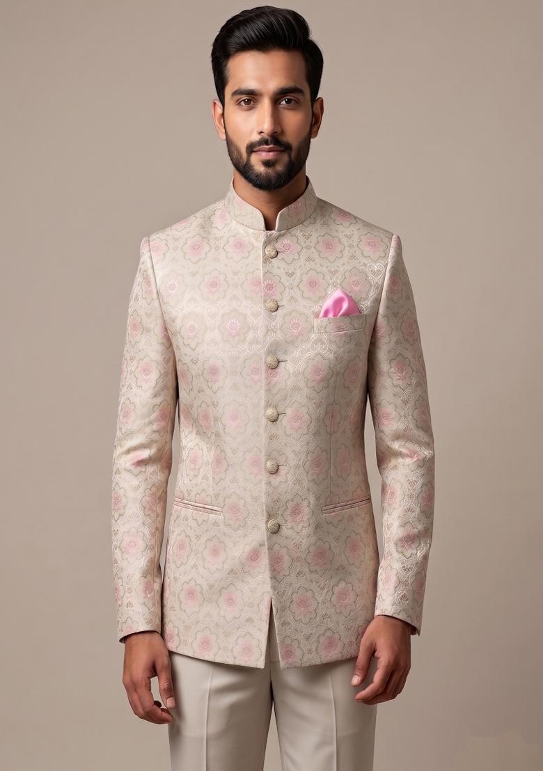 Light Gold Embroidered Silk Blend Bandhgala For Men - Indya