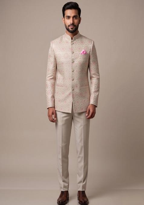 Light Gold Embroidered Silk Bandhgala For Men