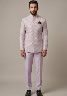 Lavender Embroidered Silk Blend Bandhgala For Men