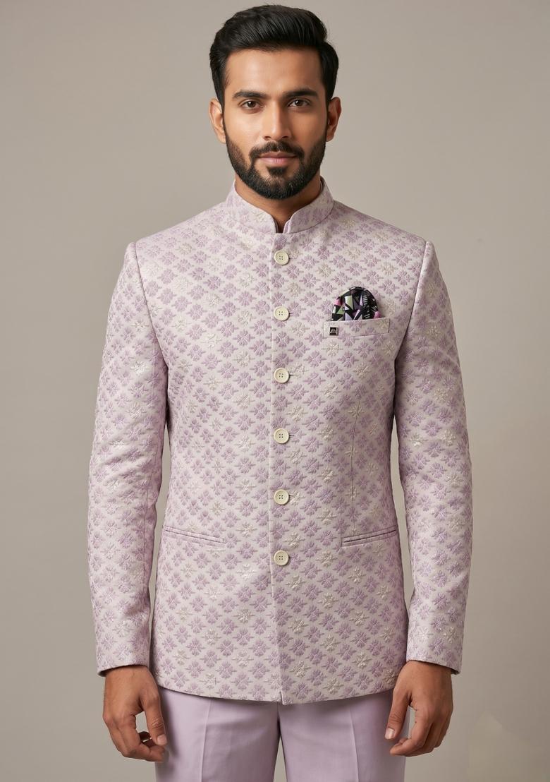 Lavender Embroidered Silk Blend Bandhgala For Men - Indya